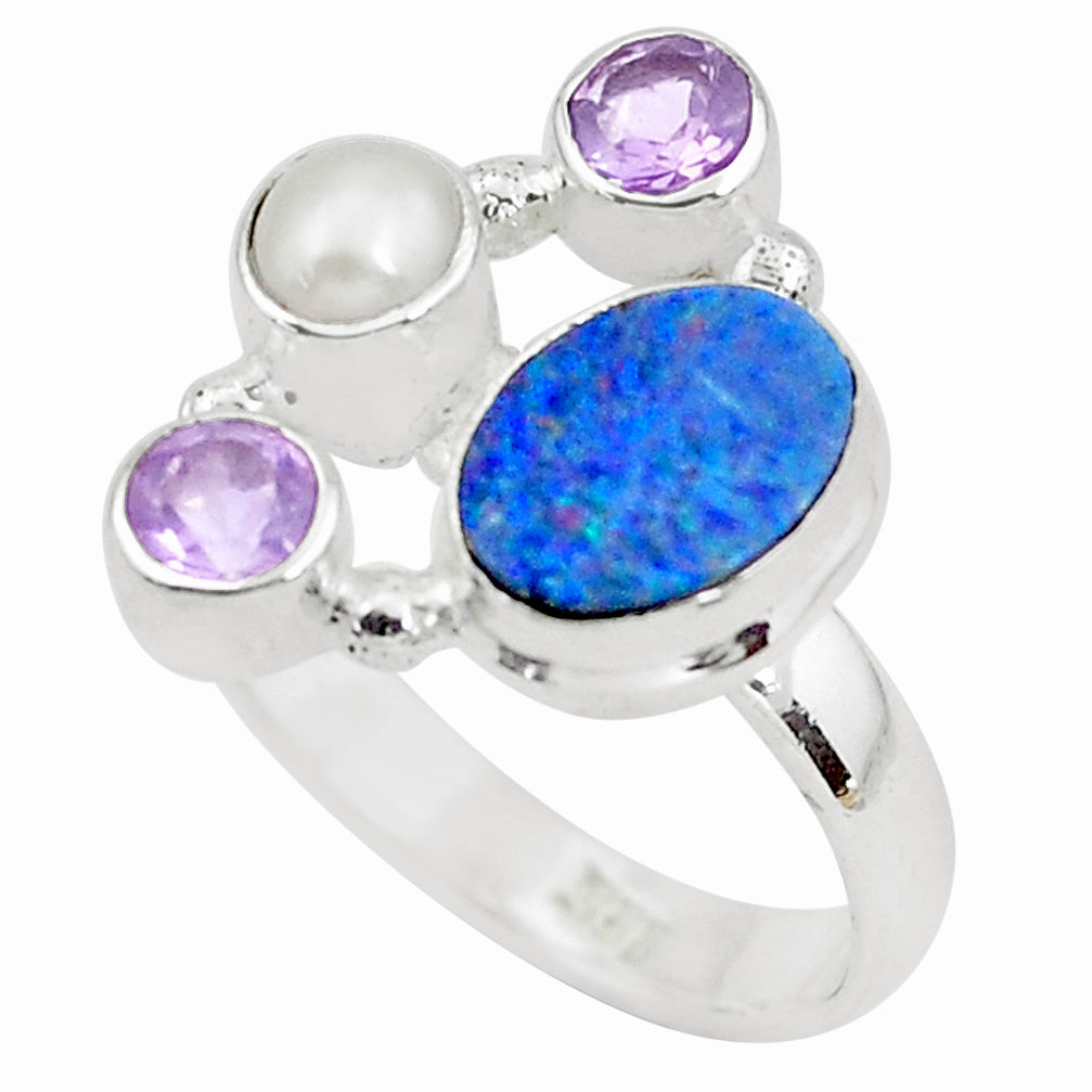 925 silver 5.16cts natural blue doublet opal australian pearl ring size 8 p52564