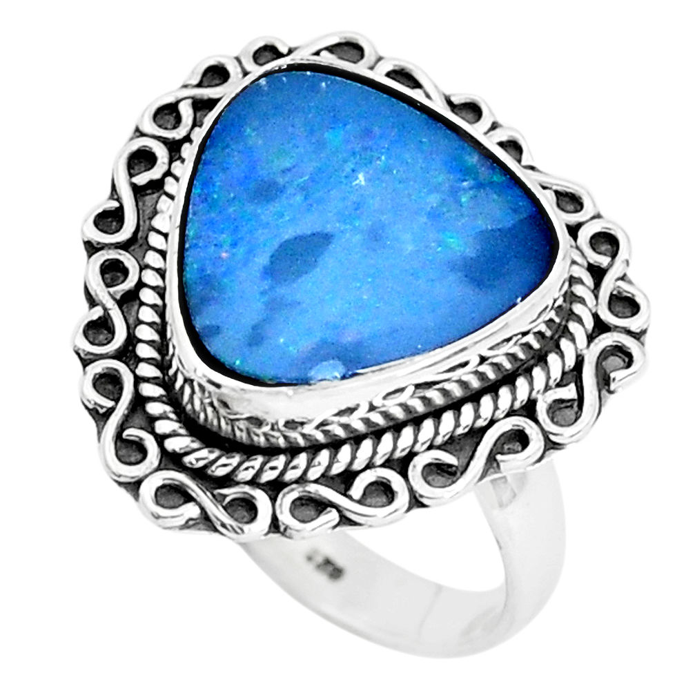 925 silver natural blue doublet opal australian solitaire ring size 7.5 p47474