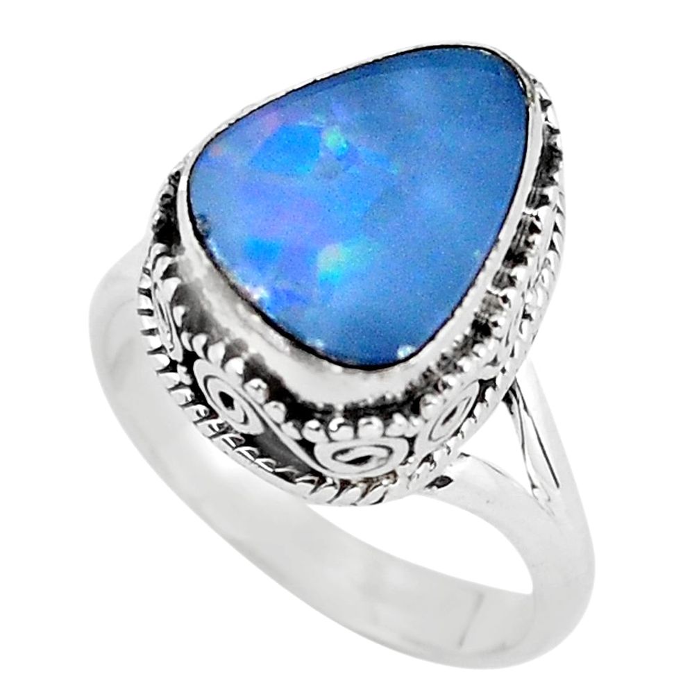 925 silver natural blue doublet opal australian solitaire ring size 6.5 p56718