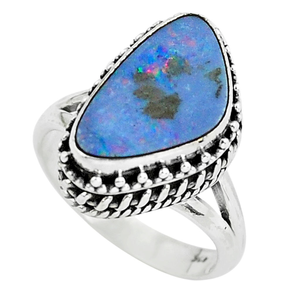 925 silver natural blue doublet opal australian solitaire ring size 6.5 p61371