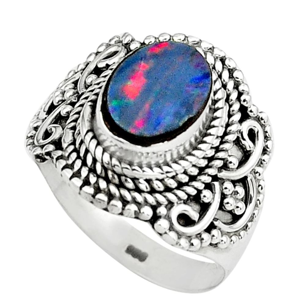 925 silver natural blue doublet opal australian solitaire ring size 7.5 p80985