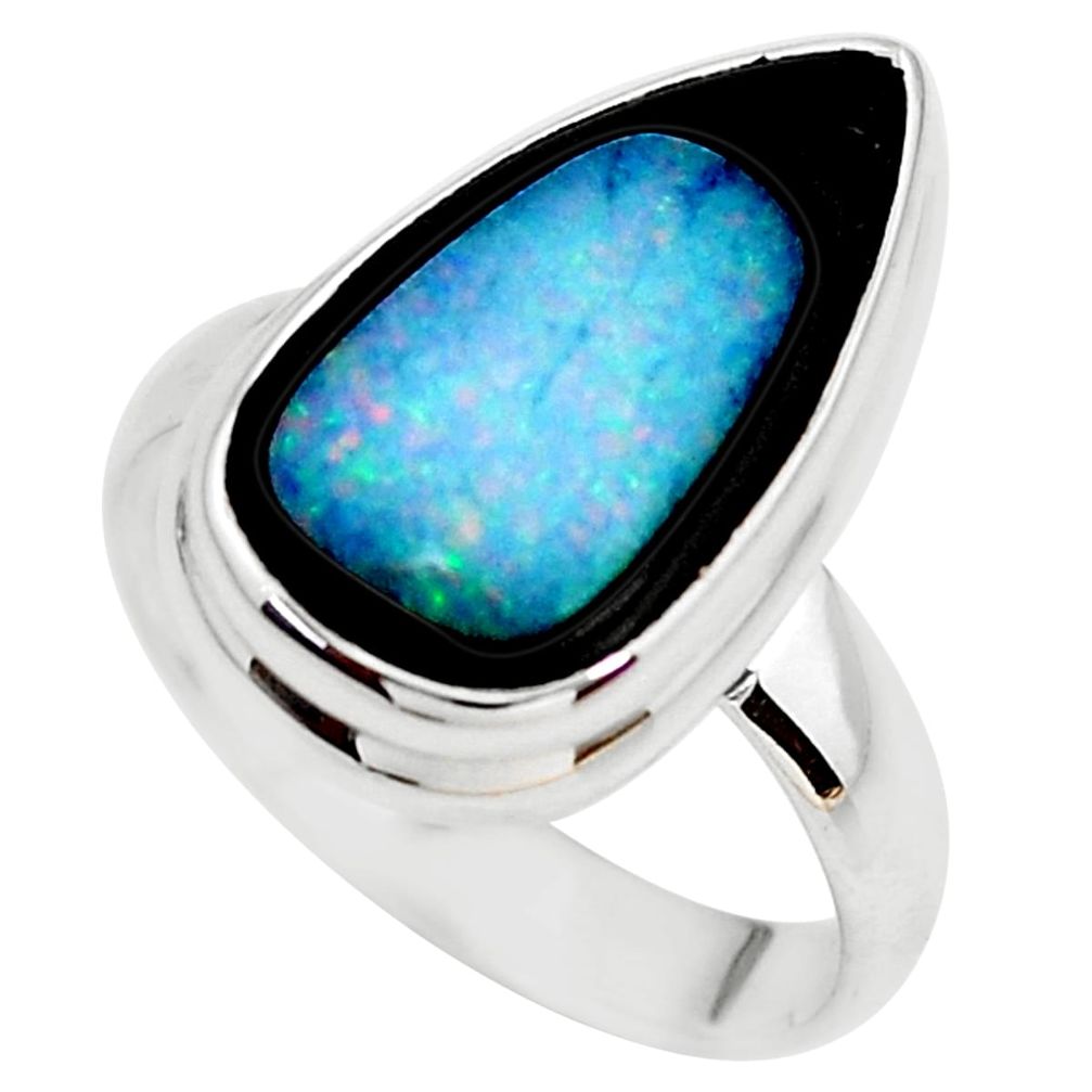 925 silver 9.47cts natural blue doublet opal in onyx ring size 7.5 p53827