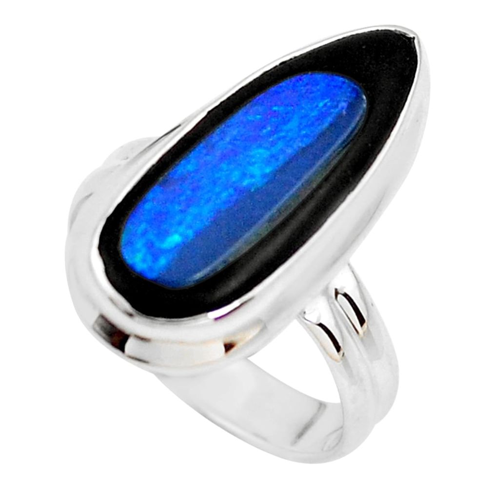 925 silver 8.40cts natural blue doublet opal in onyx ring size 6.5 p53835