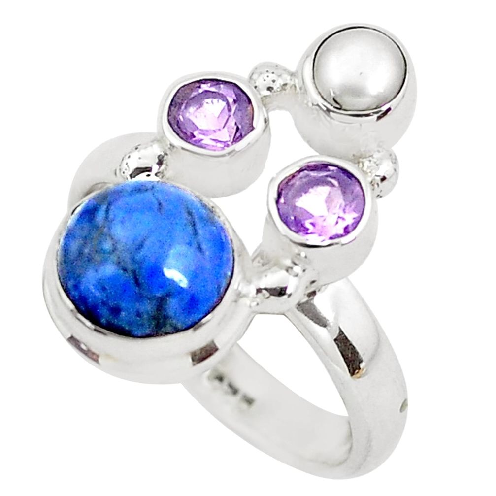 925 silver 5.57cts natural blue dumortierite amethyst pearl ring size 6.5 p52619