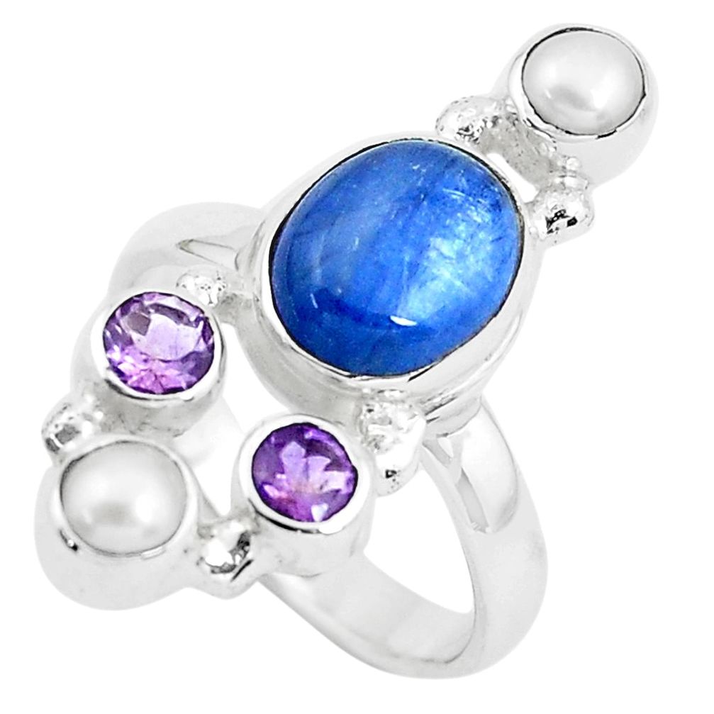 925 silver 8.14cts natural blue kyanite amethyst pearl ring size 7.5 p52479