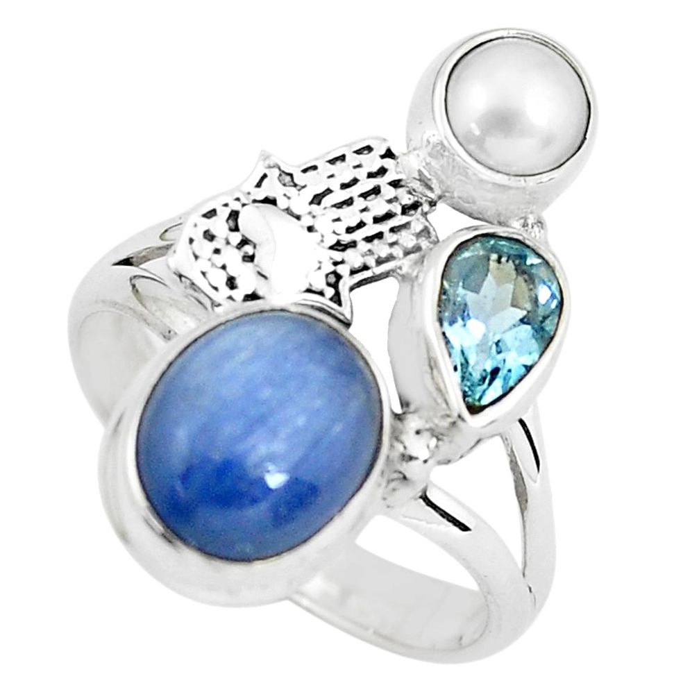 925 silver 6.89cts natural blue kyanite hand of god hamsa ring size 8.5 p61084