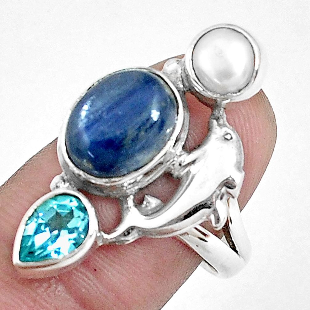 925 silver 8.03cts natural blue kyanite topaz pearl dolphin ring size 8 p42656