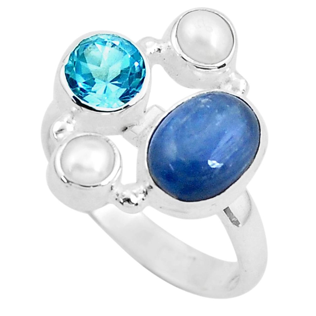 925 silver 6.89cts natural blue kyanite topaz pearl ring jewelry size 7.5 p52467