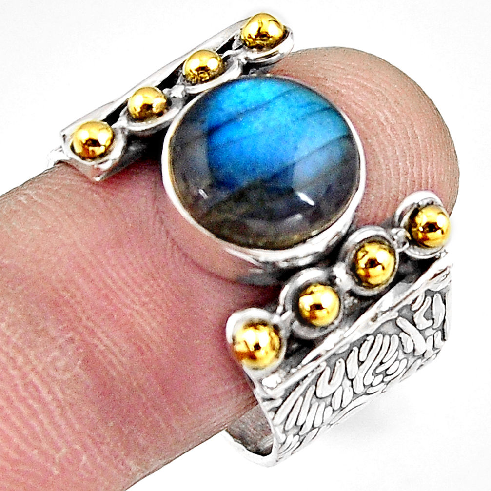 925 silver 5.98cts natural blue labradorite gold solitaire ring size 8.5 p91178