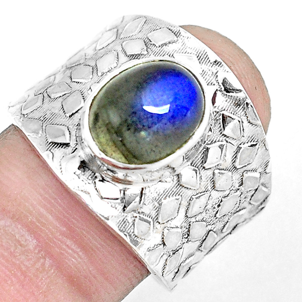 925 silver 4.22cts natural blue labradorite oval solitaire ring size 8.5 p51018