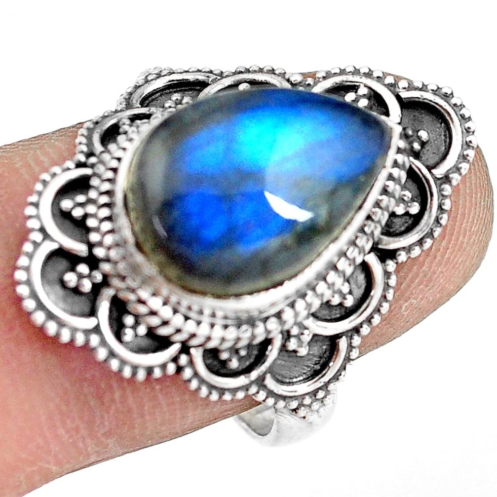 925 silver 6.46cts natural blue labradorite pear solitaire ring size 8.5 p77259