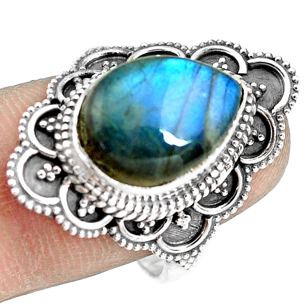 925 silver 6.48cts natural blue labradorite pear solitaire ring size 8.5 p77277