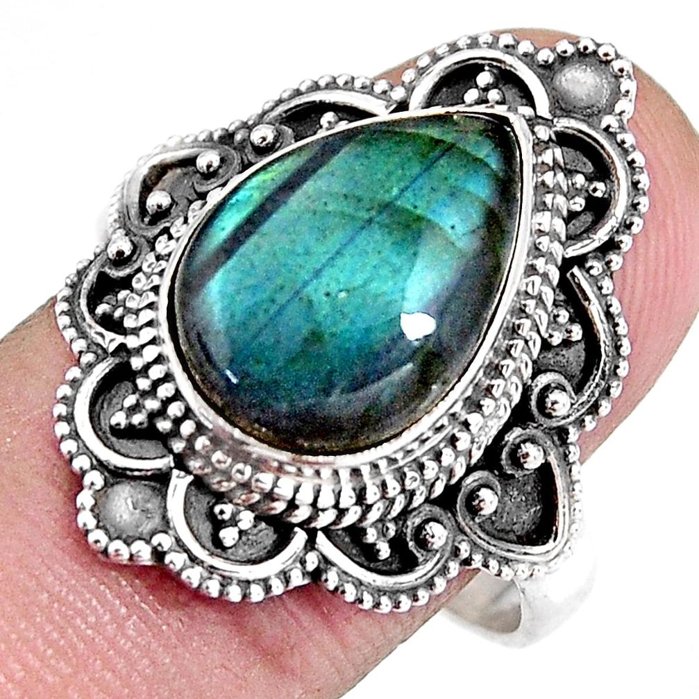 925 silver 6.48cts natural blue labradorite pear solitaire ring size 10 p92364