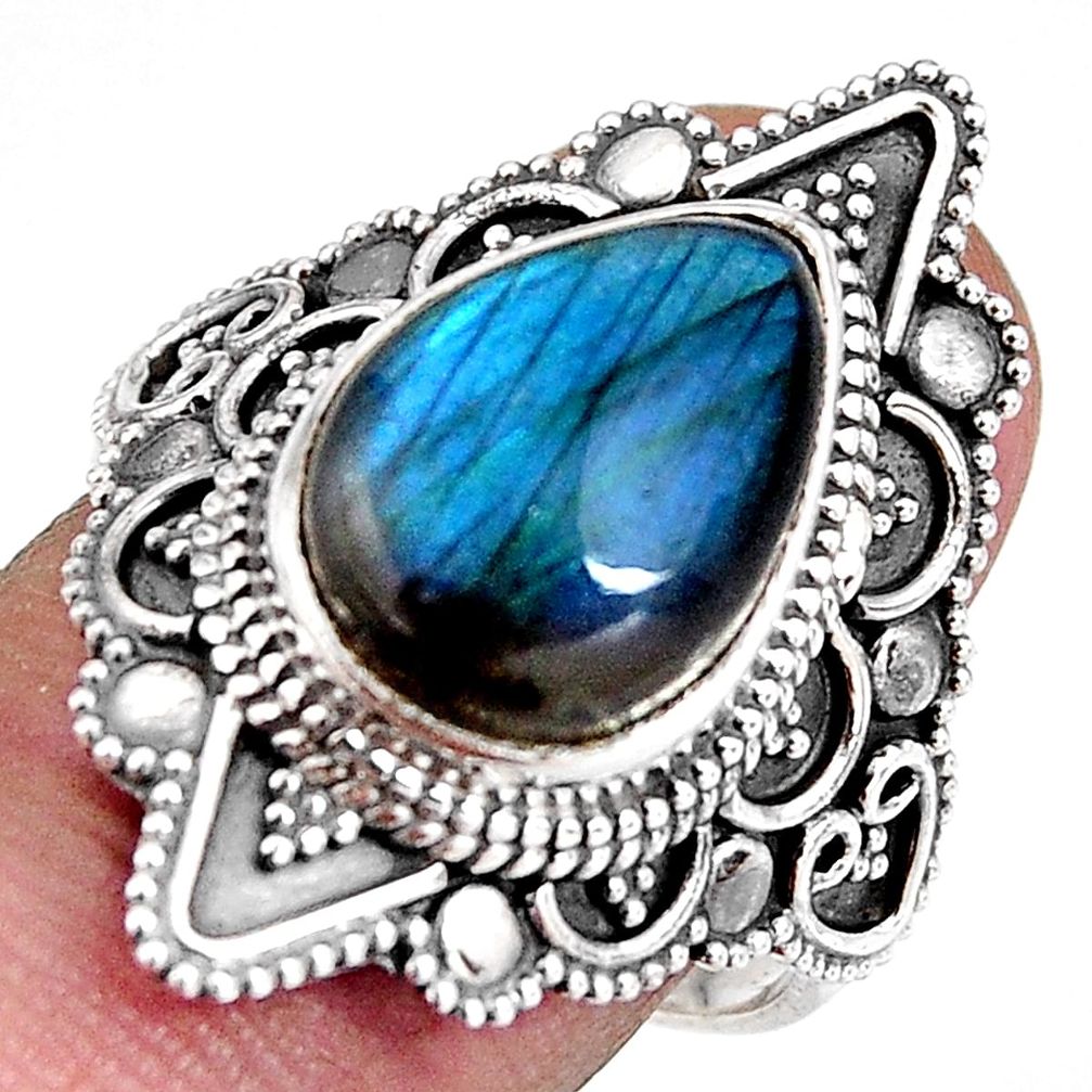 925 silver 6.89cts natural blue labradorite pear solitaire ring size 8.5 p92369