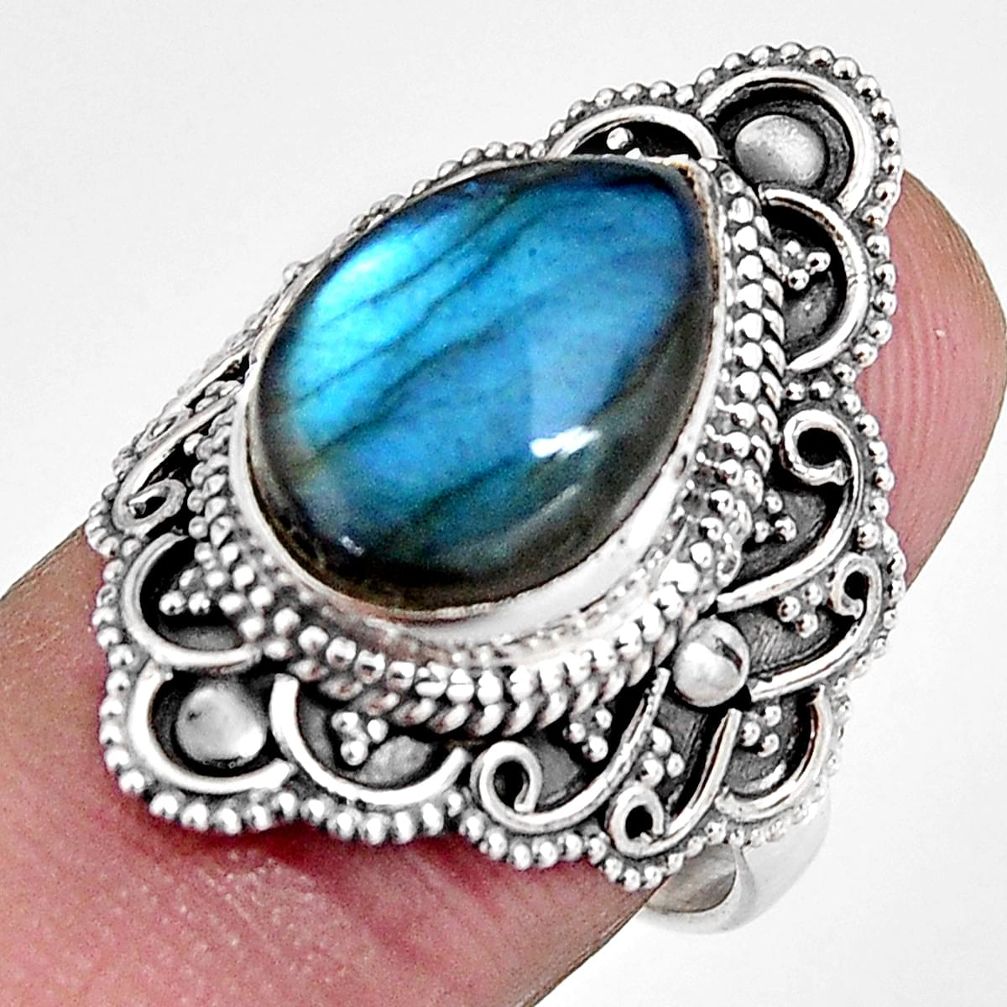 925 silver 6.48cts natural blue labradorite pear solitaire ring size 7.5 p92378