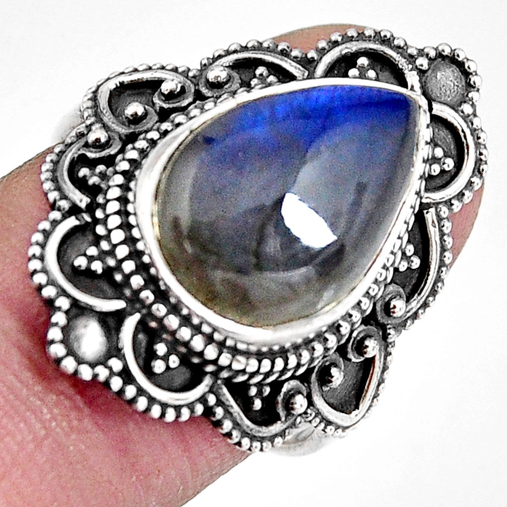 925 silver 6.50cts natural blue labradorite pear solitaire ring size 7.5 p92383