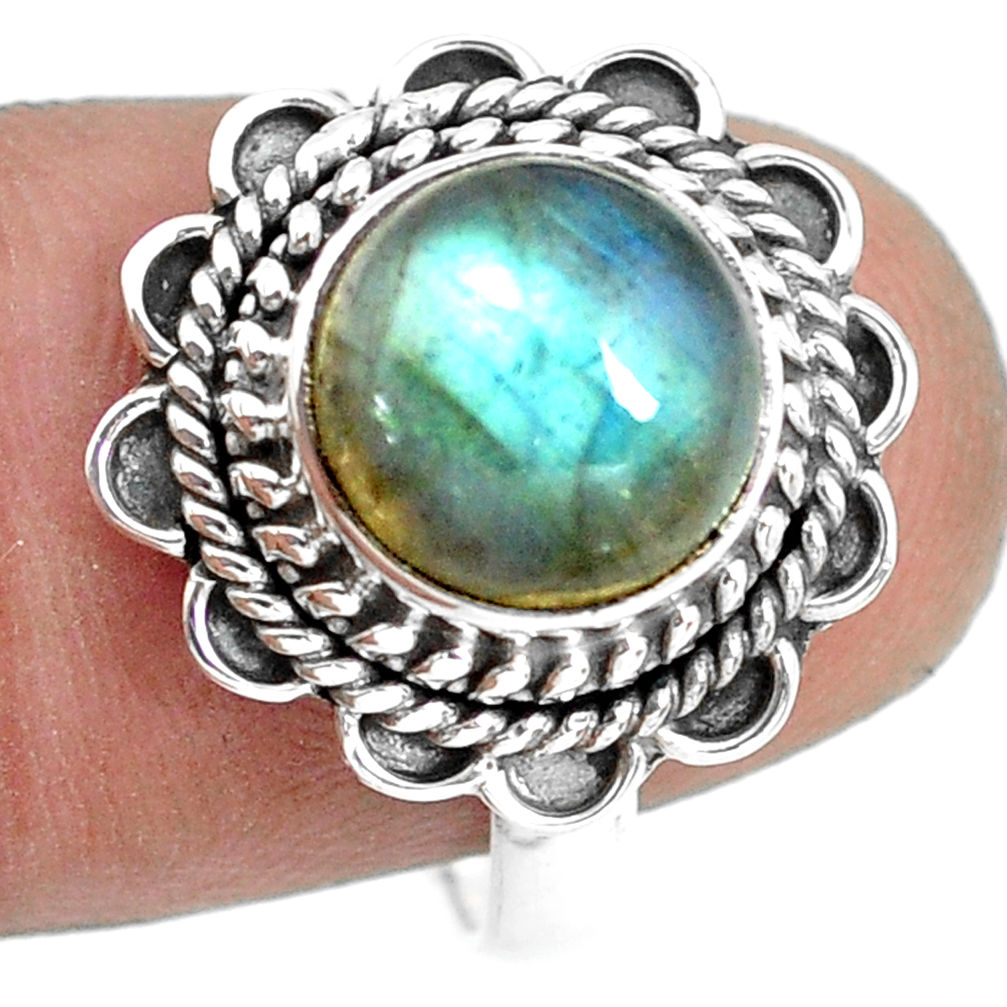 925 silver 4.91cts natural blue labradorite round solitaire ring size 7.5 p72340