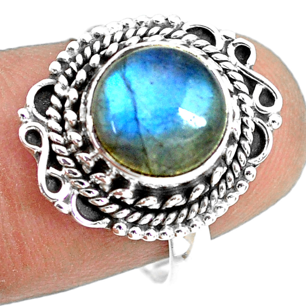 925 silver 4.63cts natural blue labradorite round solitaire ring size 7.5 p72356