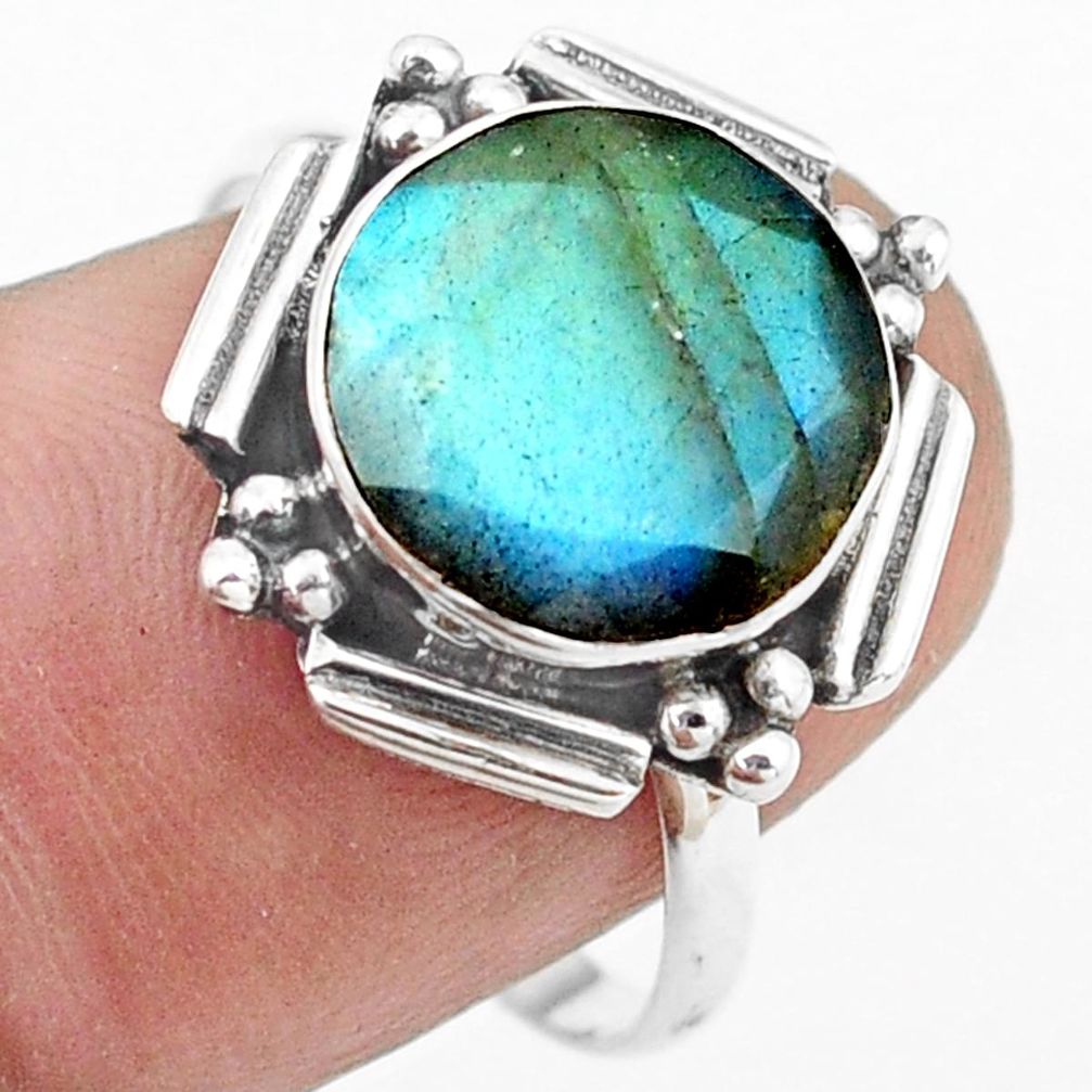 925 silver 4.80cts natural blue labradorite round solitaire ring size 8.5 p74216