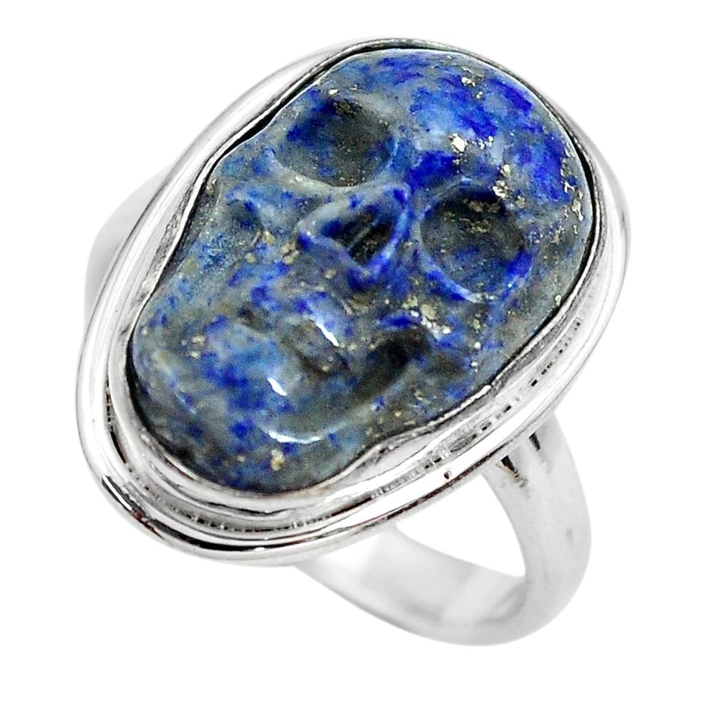 925 silver natural blue lapis lazuli fancy skull solitaire ring size 7.5 p61719