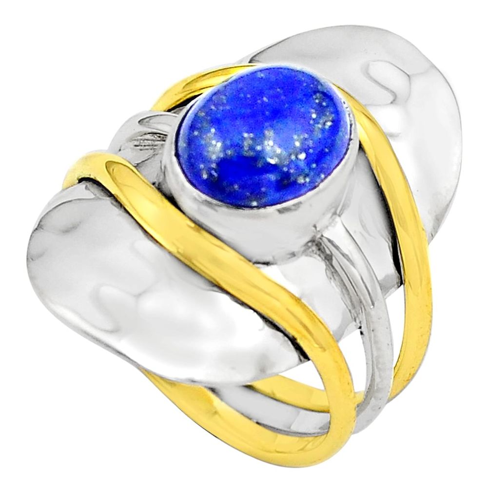 925 silver 4.71cts natural blue lapis lazuli gold solitaire ring size 7.5 p81084
