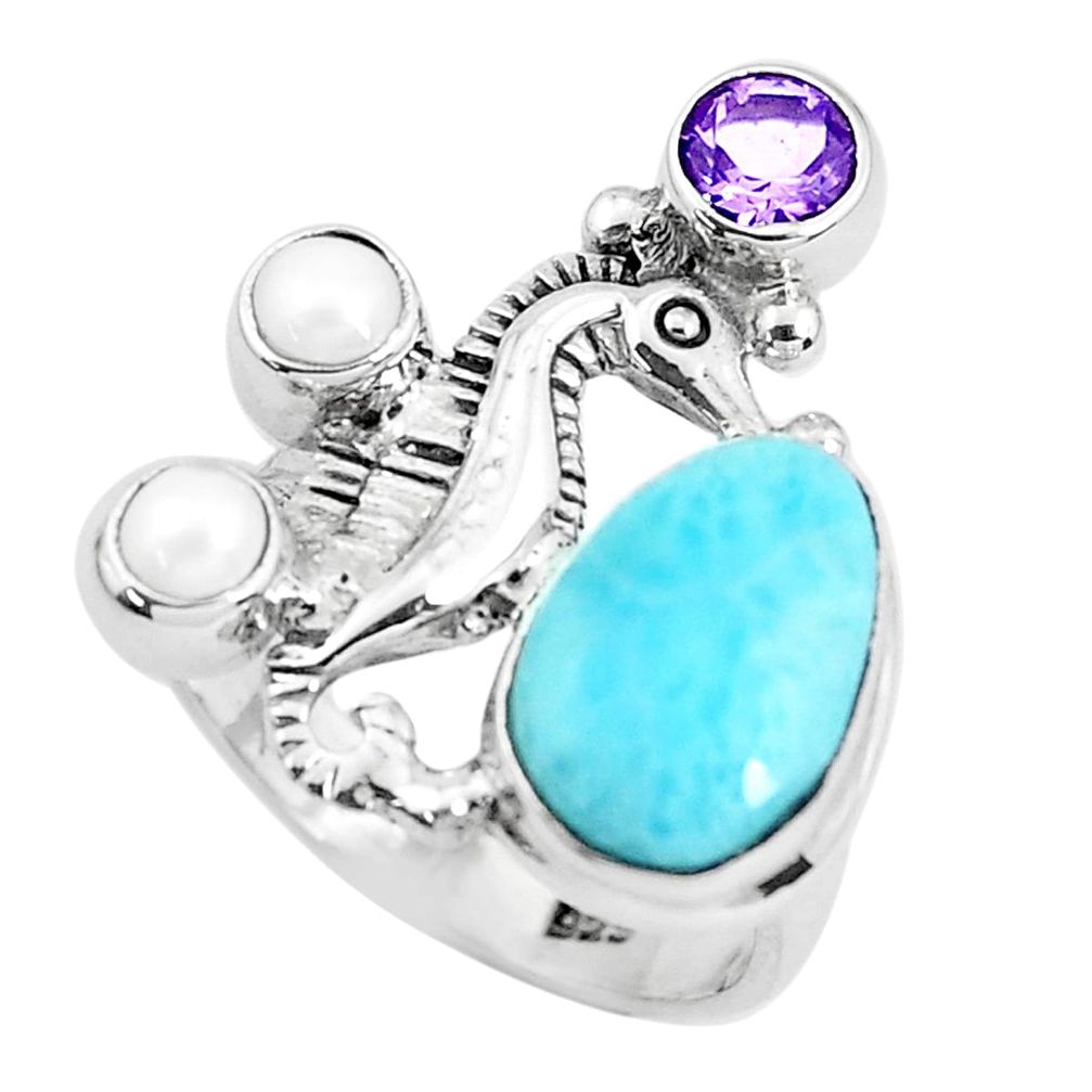 925 silver 7.20cts natural blue larimar amethyst seahorse ring size 8.5 p47718