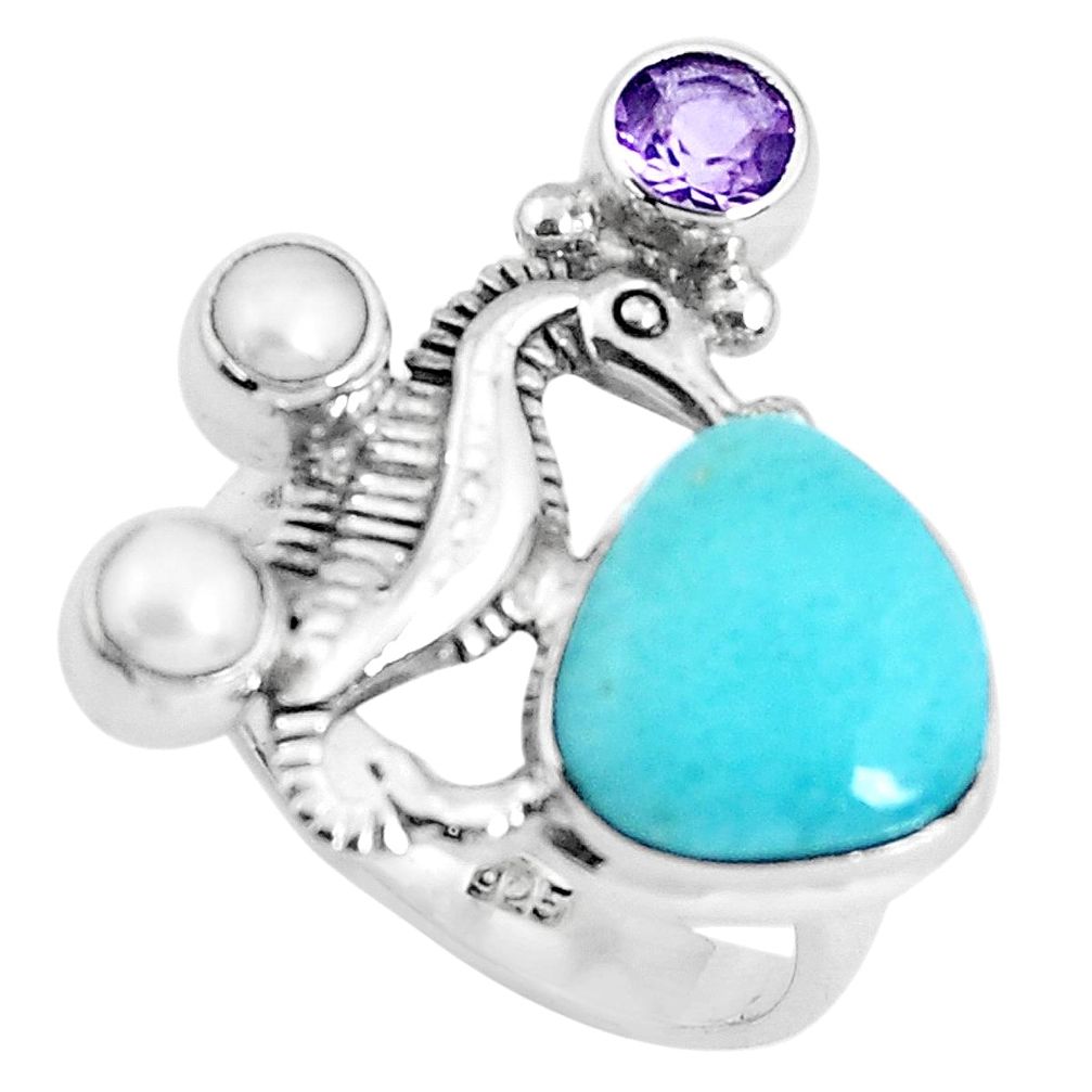 925 silver 7.21cts natural blue larimar amethyst seahorse ring size 8 p47732