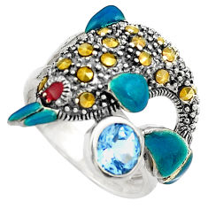 LAB 925 silver 1.58cts natural blue topaz fine marcasite dolphin ring size 6.5 c4071
