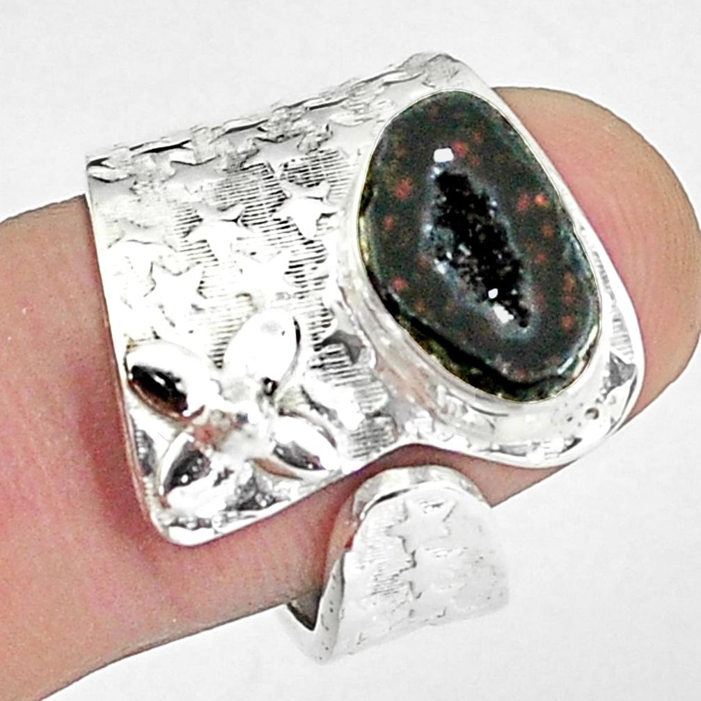 925 silver 4.71cts natural brown geode druzy adjustable ring size 7.5 p57273