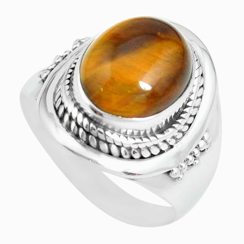 925 silver 5.18cts natural brown tiger's eye oval solitaire ring size 7.5 p70264