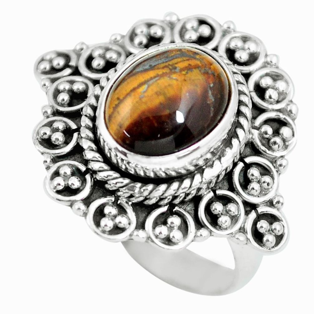 925 silver 4.28cts natural brown tiger's hawks eye solitaire ring size 7 p63291