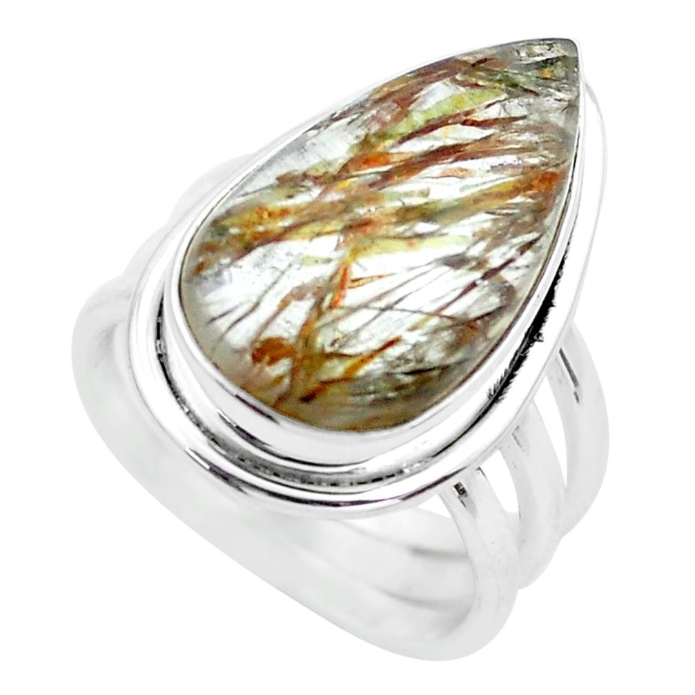 925 silver 13.79cts natural golden rutile pear solitaire ring size 6.5 p62837