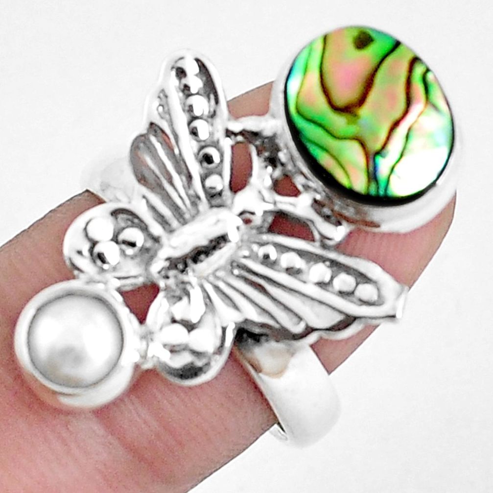 925 silver natural green abalone paua seashell butterfly ring size 7.5 p42849