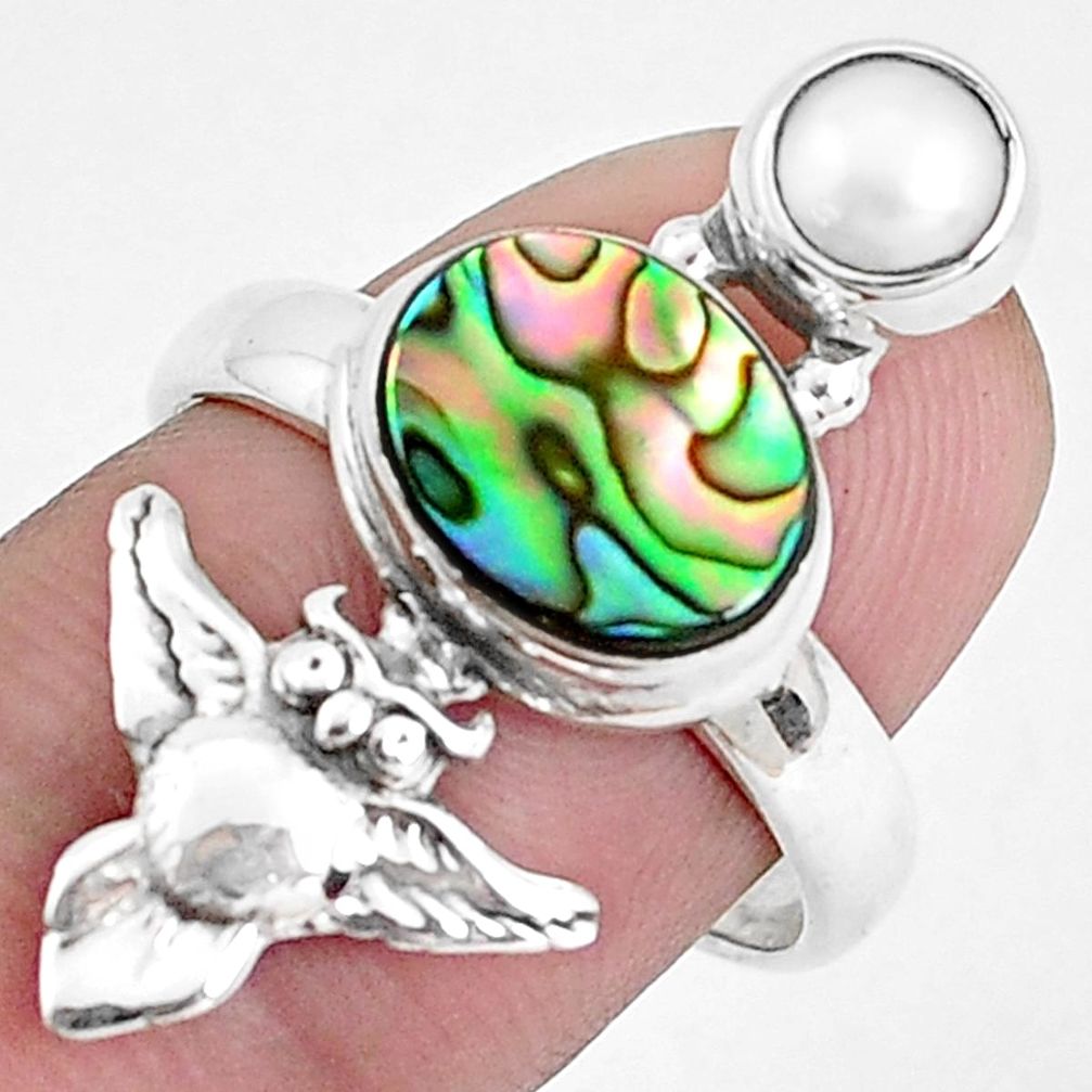 925 silver 4.21cts natural green abalone paua seashell owl ring size 8 p42844