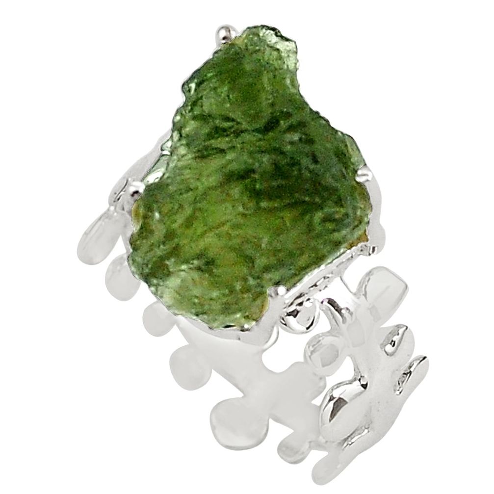 925 silver 7.60cts natural green moldavite fancy solitaire ring size 8 p80294