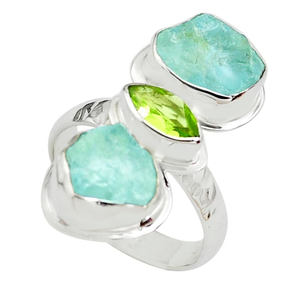 925 silver 10.81cts natural green peridot aquamarine rough ring size 7 p70920