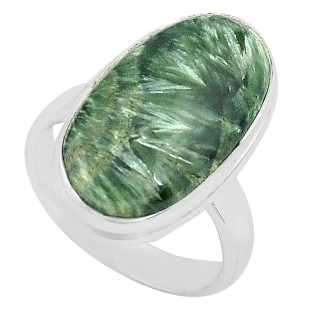 925 silver 13.24cts natural green seraphinite solitaire ring size 7.5 p80744