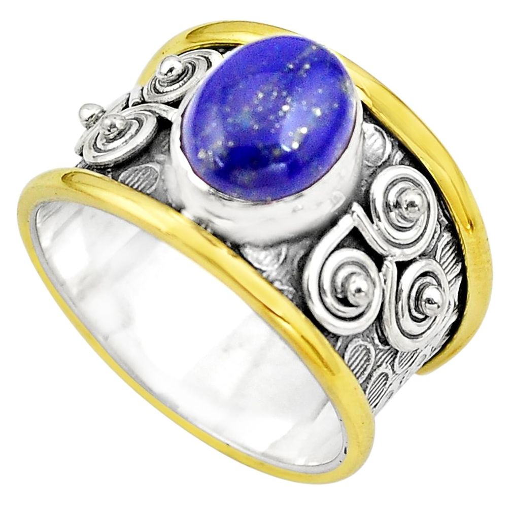 925 silver 4.35cts natural lapis lazuli 14k gold solitaire ring size 9.5 p81113