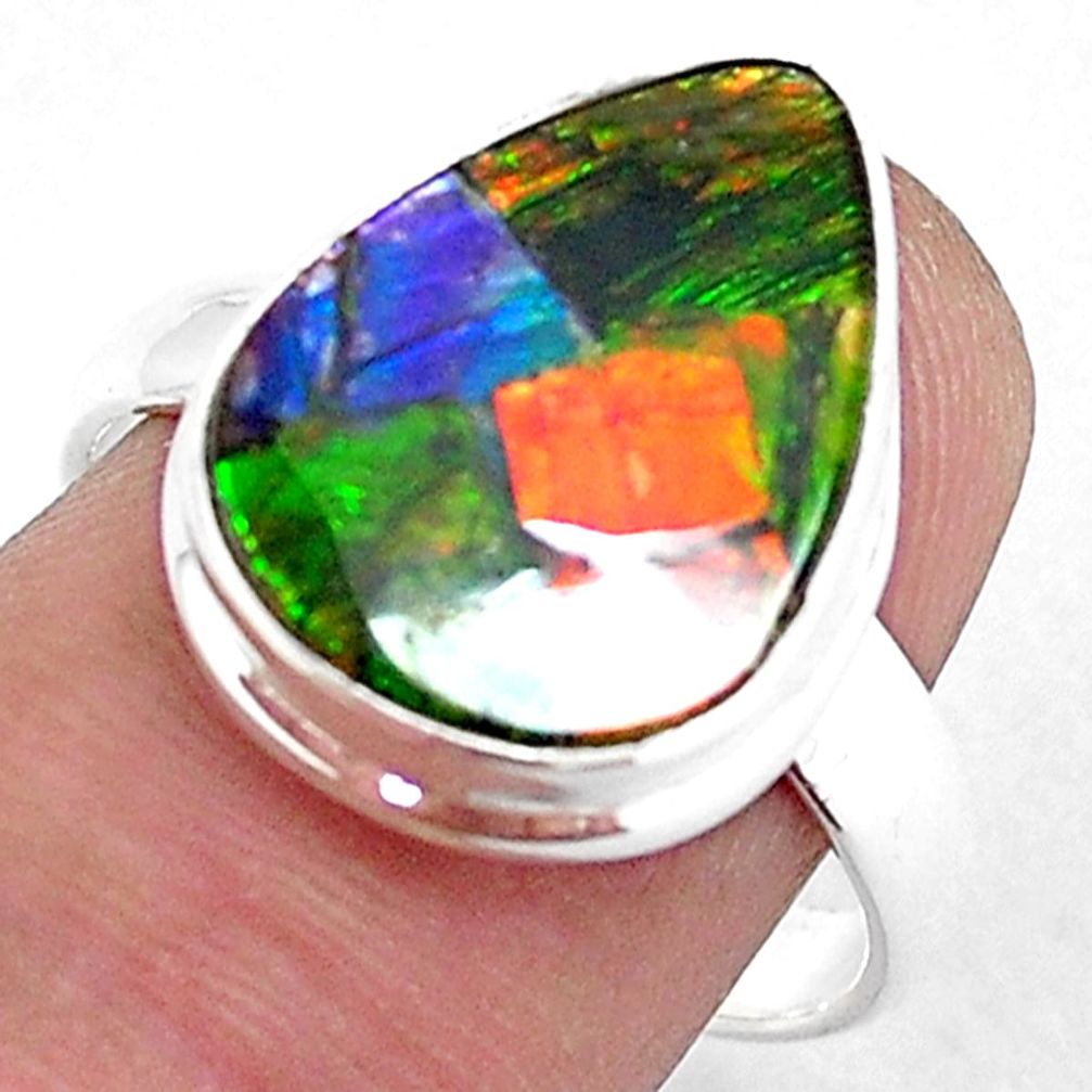 925 silver 8.26cts natural multi color ammolite solitaire ring size 8.5 p47875
