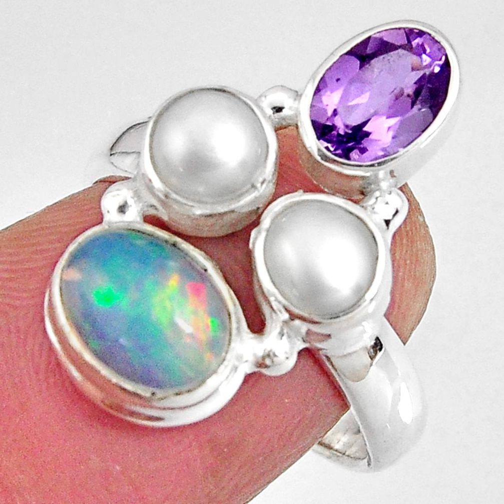 925 silver 6.36cts natural multi color ethiopian opal pearl ring size 6.5 p90787