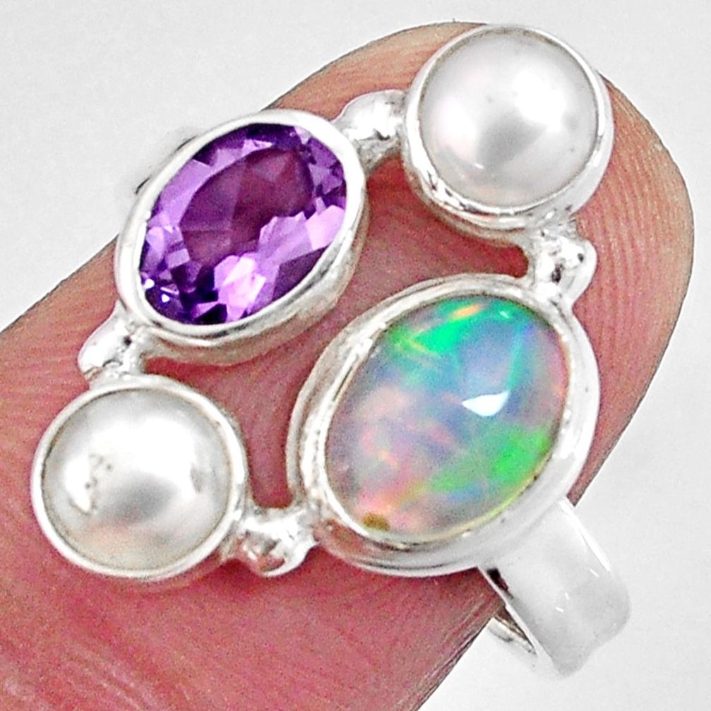 925 silver 6.10cts natural multi color ethiopian opal pearl ring size 7.5 p90792