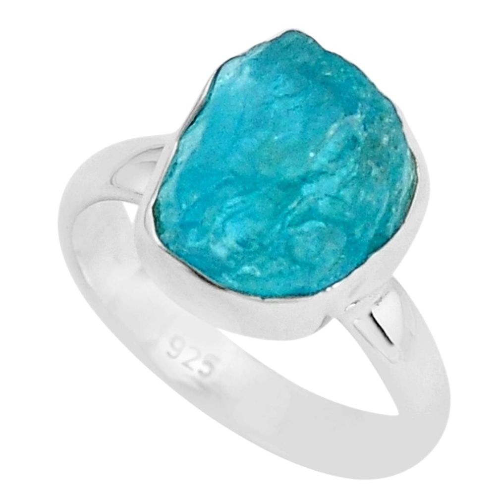 925 silver 5.06cts natural neon blue apatite rough solitaire ring size 6 p68904