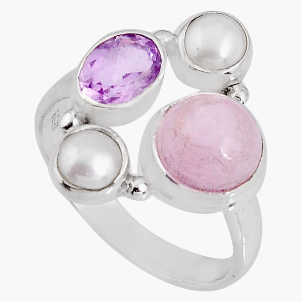 925 silver 6.32cts natural pink kunzite amethyst pearl ring size 8 p90764