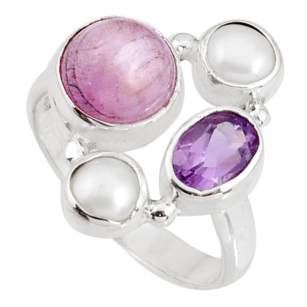 925 silver 6.54cts natural pink kunzite amethyst pearl ring size 7.5 p90770