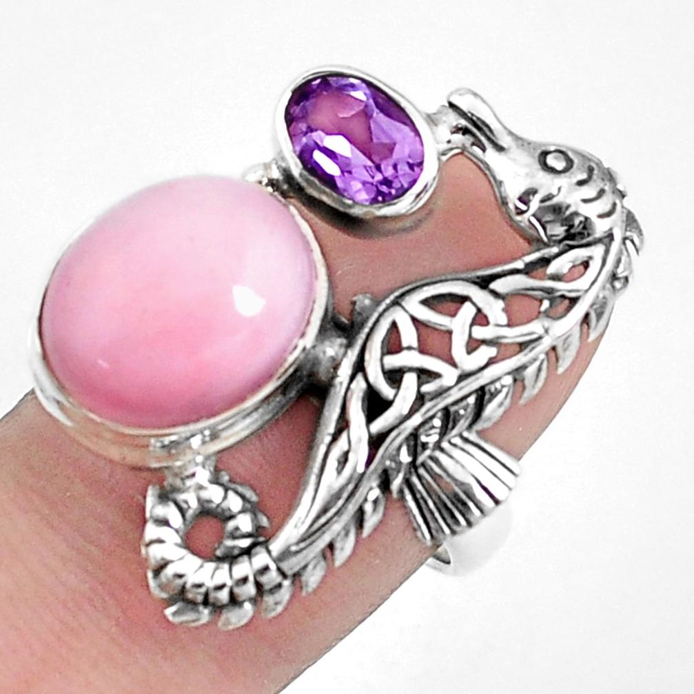 925 silver 8.42cts natural pink opal amethyst seahorse ring size 7 p42679