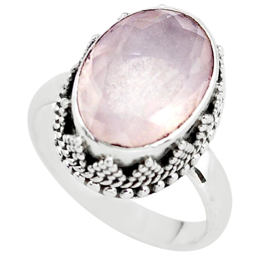 925 silver 6.95cts natural pink rose quartz oval solitaire ring size 7.5 p56654