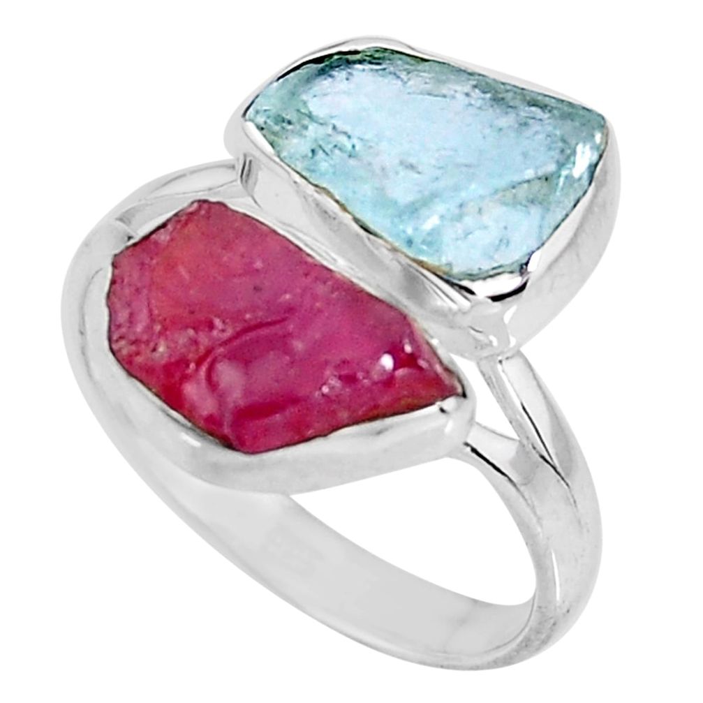 925 silver 9.04cts natural pink ruby rough aquamarine rough ring size 9 p92644