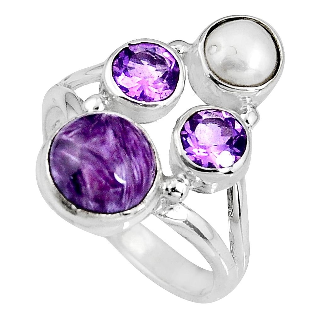 925 silver 6.31cts natural purple charoite (siberian) pearl ring size 8.5 p90712