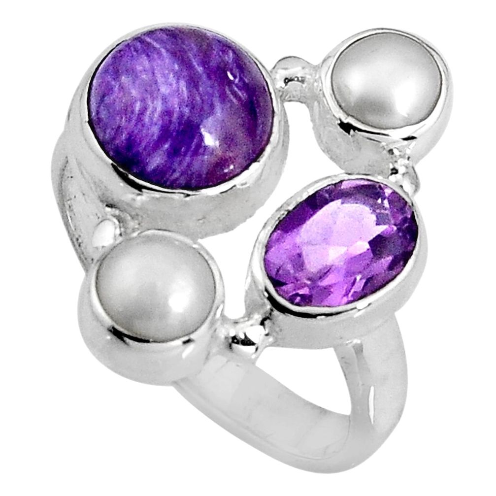925 silver 7.50cts natural purple charoite (siberian) pearl ring size 6.5 p90716