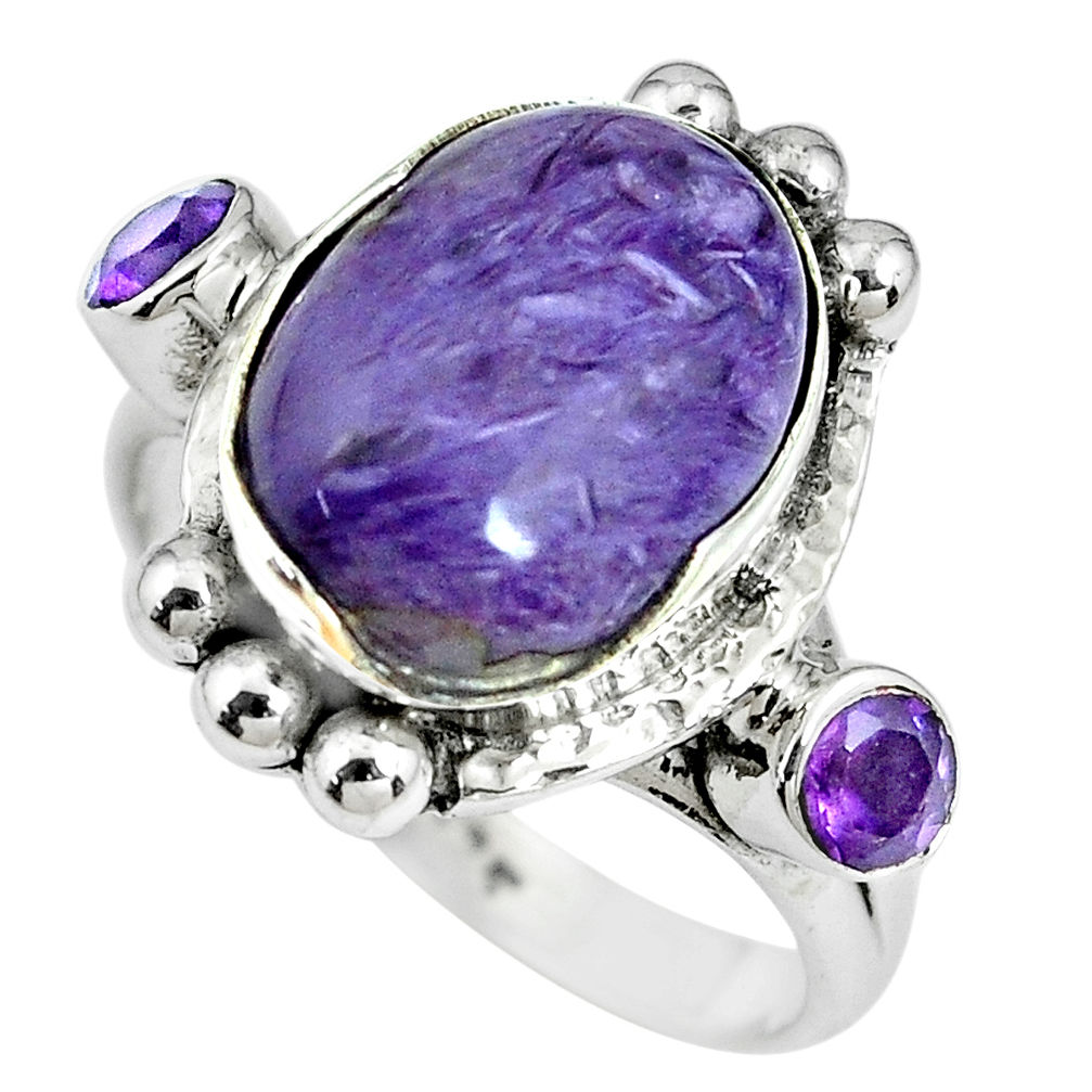 925 silver 7.36cts natural purple charoite (siberian) ring size 8.5 p69904